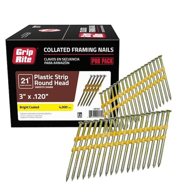 Collated Framing Nail, 3 in L, 11 ga, Bright, Round Head, 21 Degrees, 4000 PK